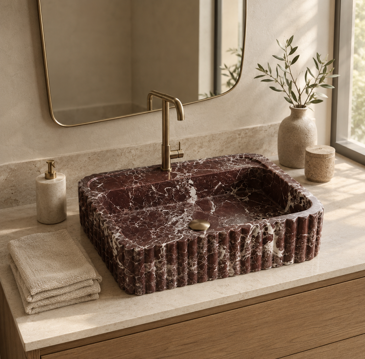 Myra Rosso Levanto marble sink with brass faucet and plants