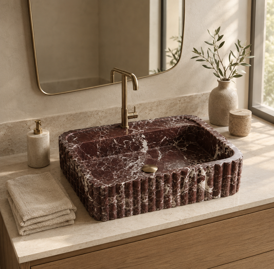 Myra Rosso Levanto marble sink with brass faucet and plants