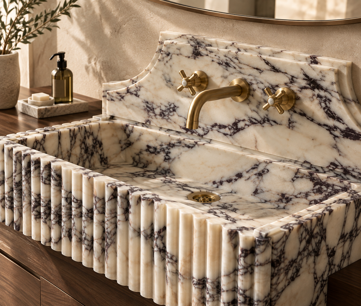 Kaunos Calacatta Viola sink with brass faucet, close view