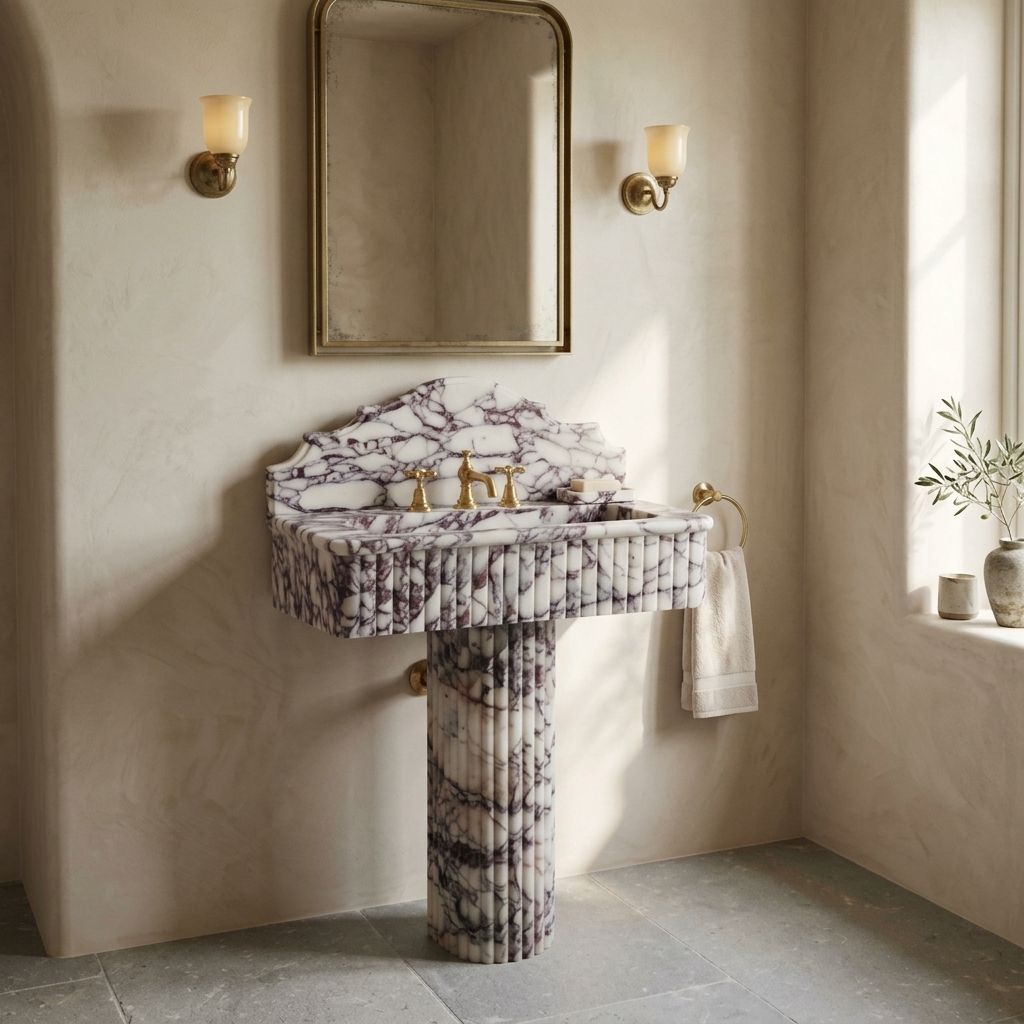 Sardis Calacatta Viola fluted pedestal sink in a beige bathroom