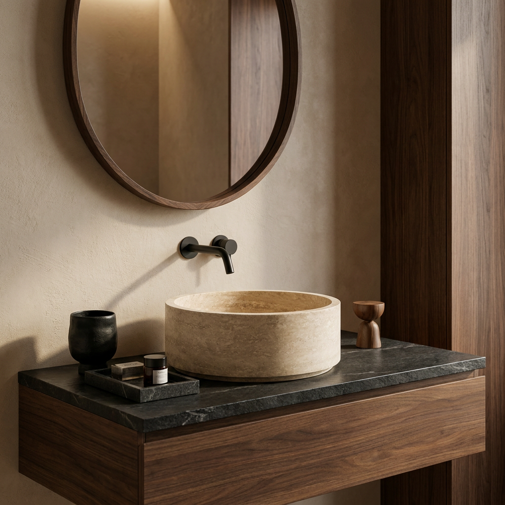 Priene travertine vessel sink with black faucet and round mirror