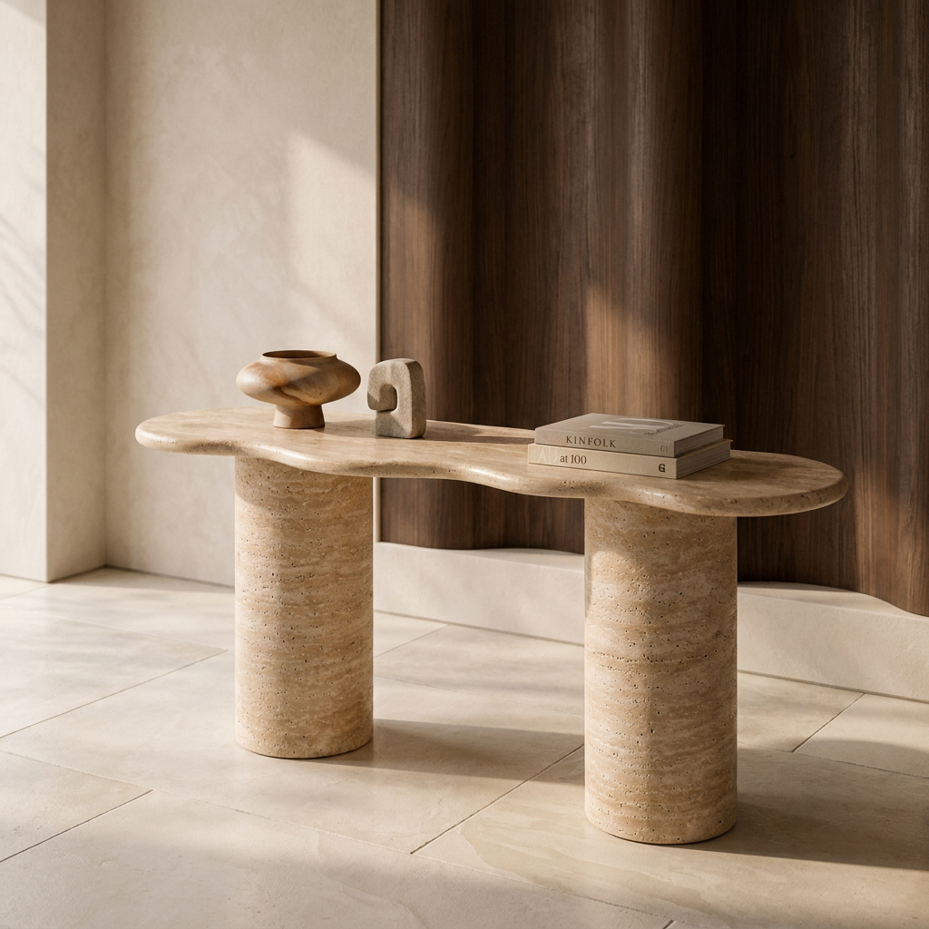 Ephesus travertine console table with organic-shaped top