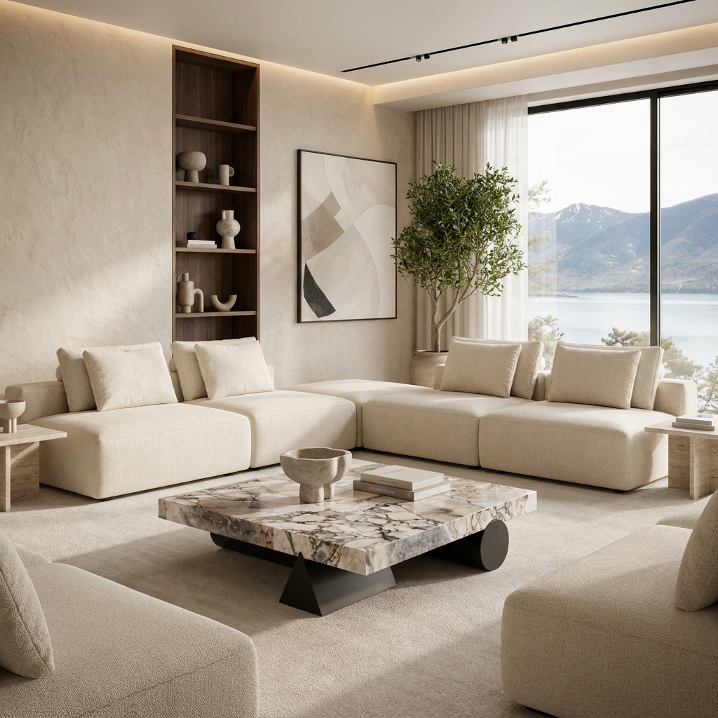 Pergamon marble coffee table in a modern living room with shelving and lake view