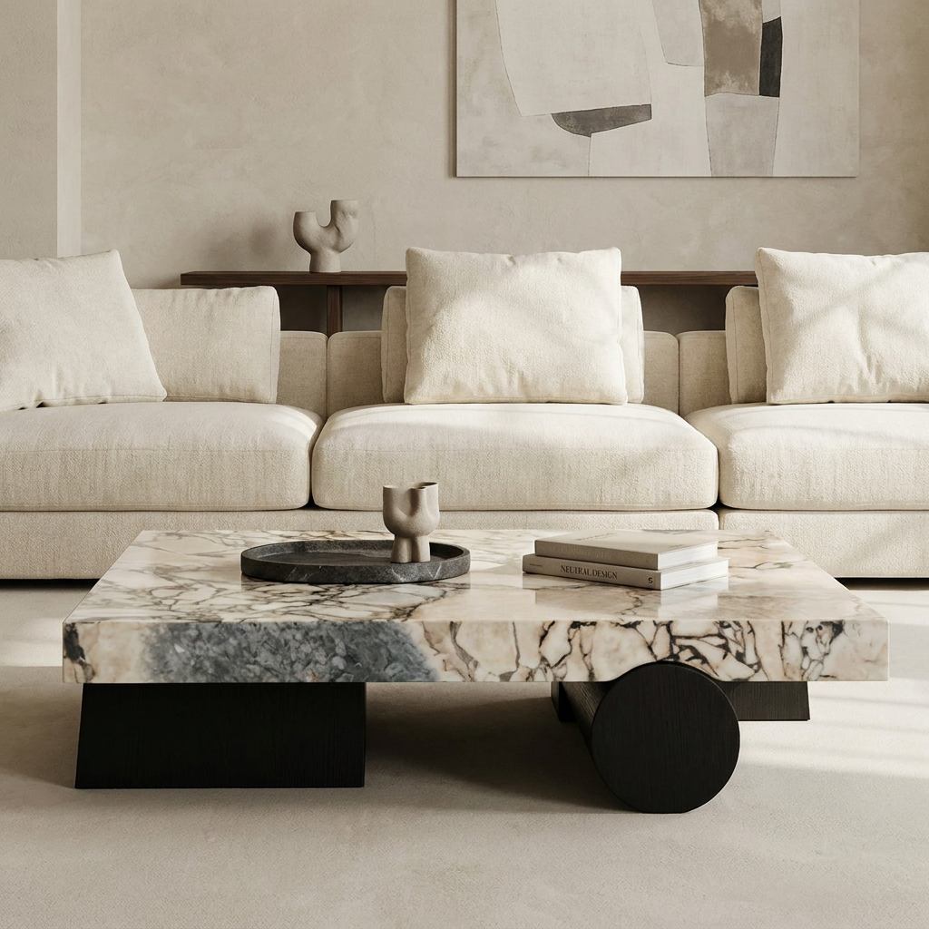 Pergamon marble coffee table in front of a cream sofa