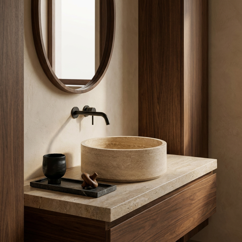Priene travertine vessel sink on a wooden vanity