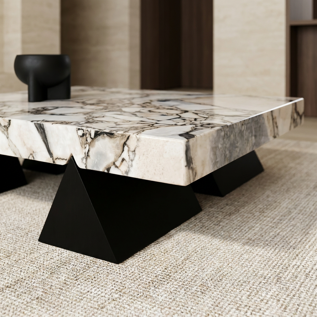 Close-up of the Pergamon marble coffee table veining and angular black base