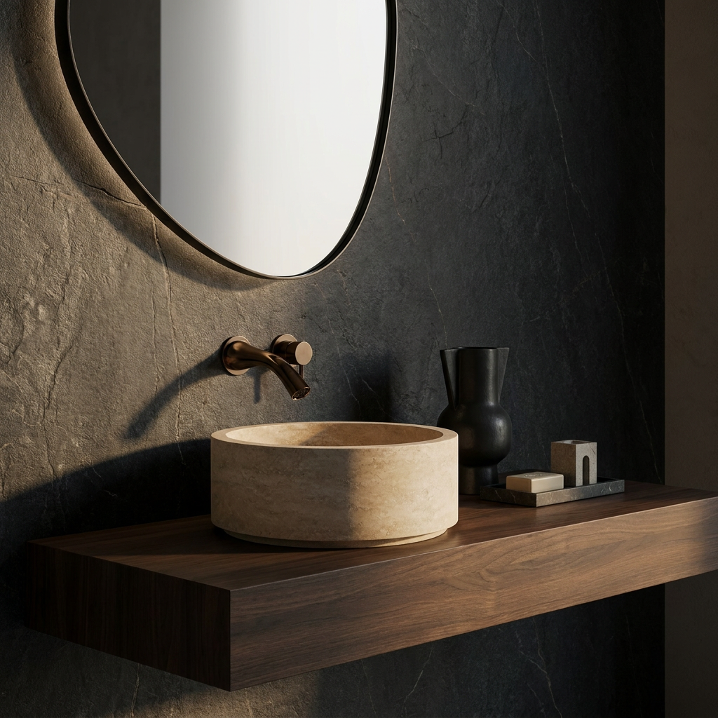 Priene travertine vessel sink on a walnut shelf with mirror