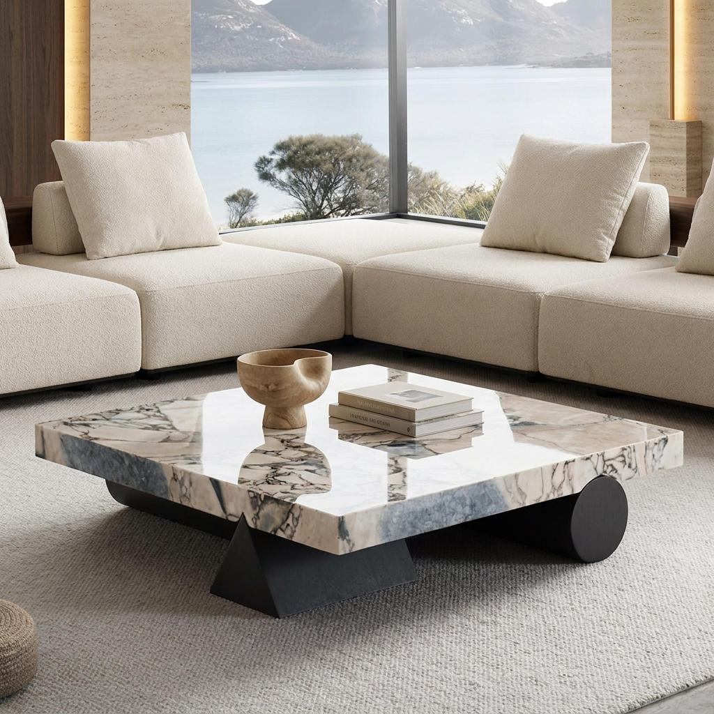 Pergamon marble coffee table top view with decor, beside a cream sectional