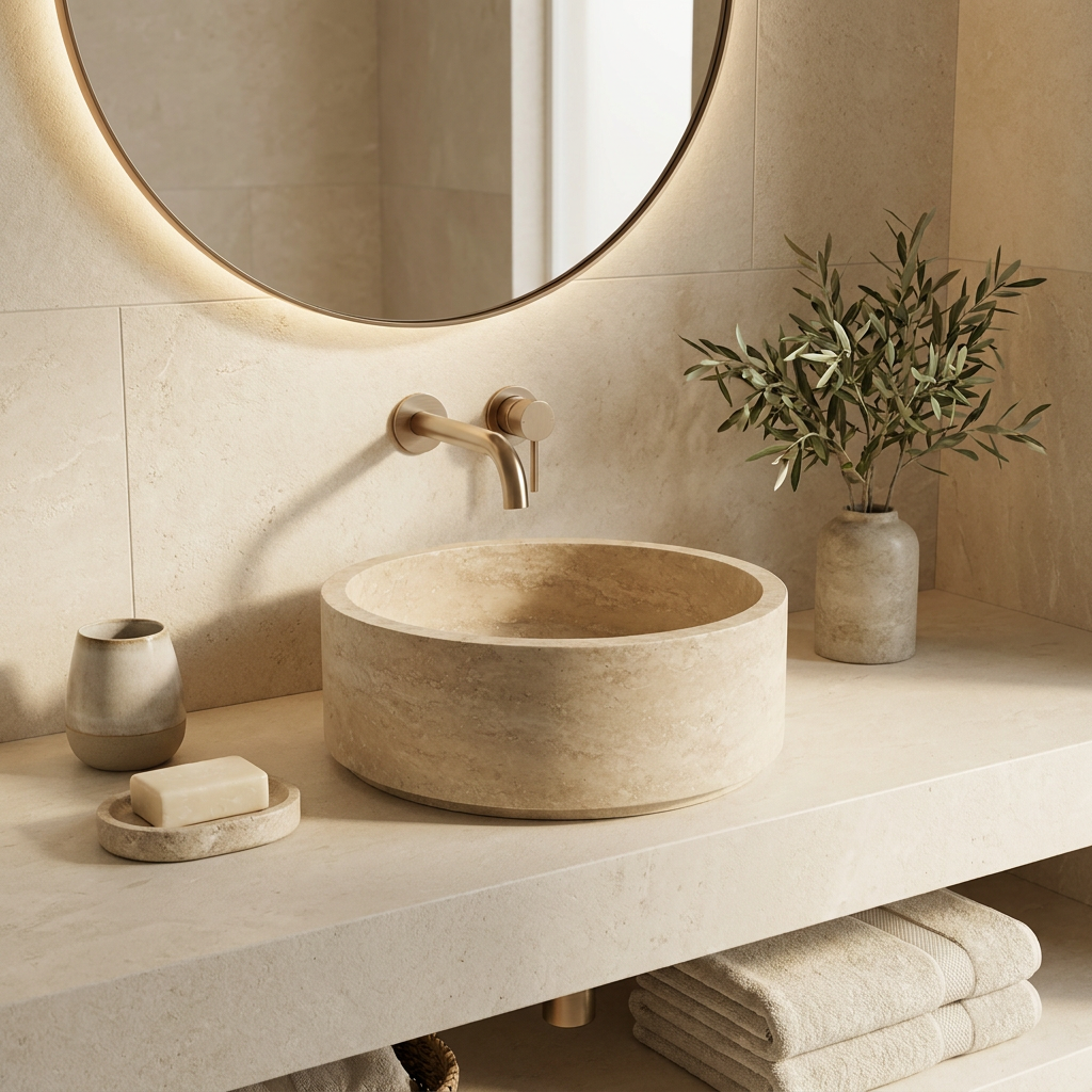 Priene round travertine vessel sink with brass faucet