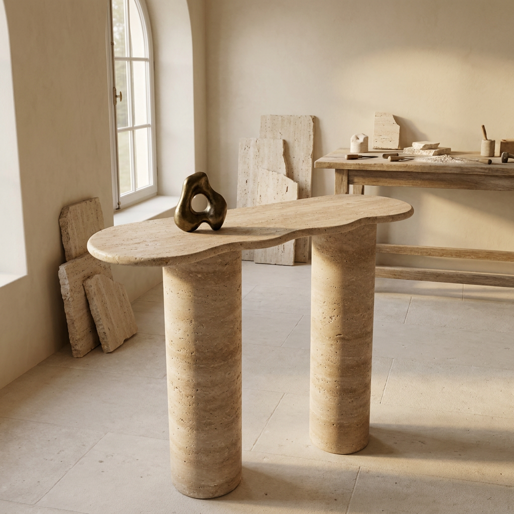 Ephesus travertine console table in a neutral hallway