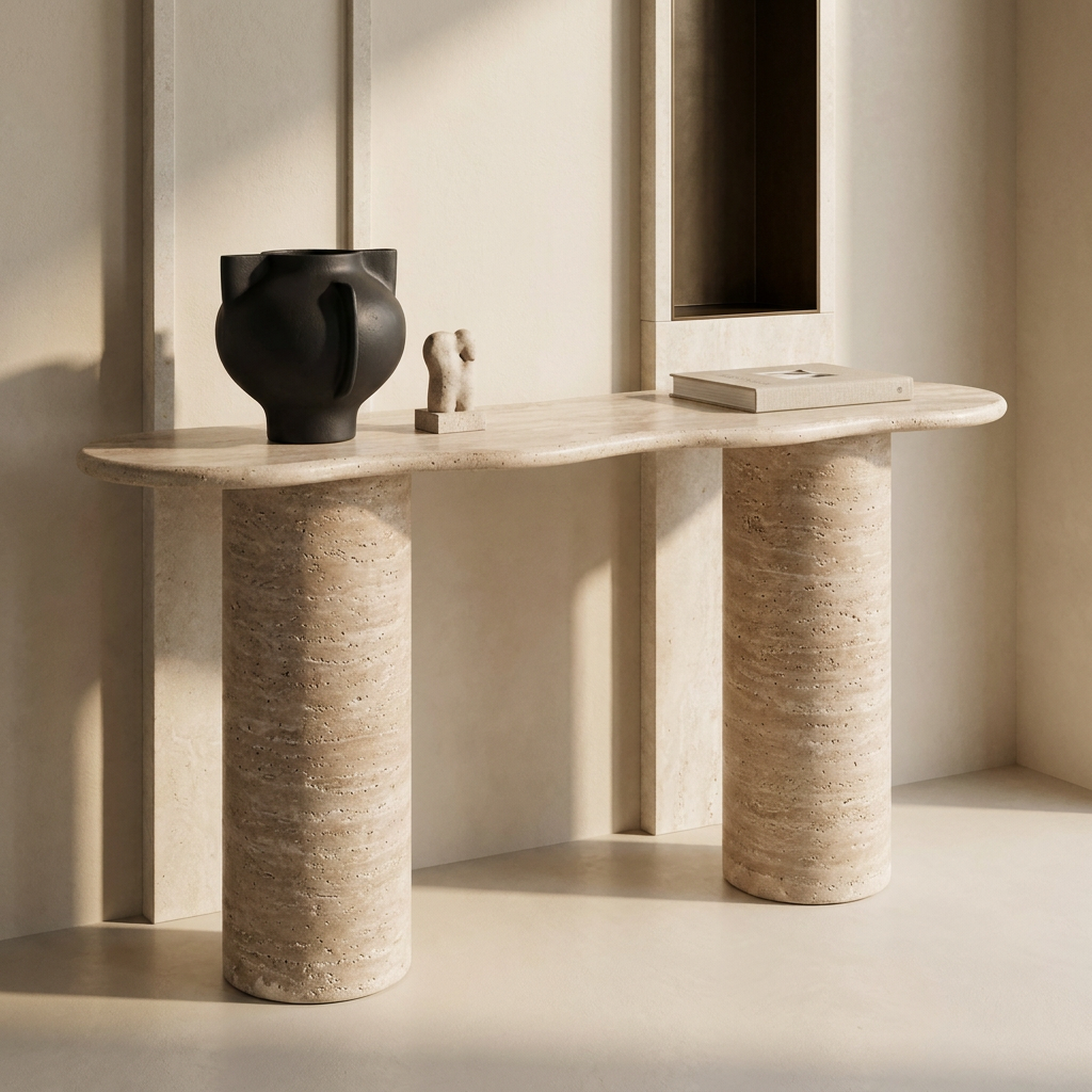 Ephesus travertine console table with sculptural vase against a beige wall