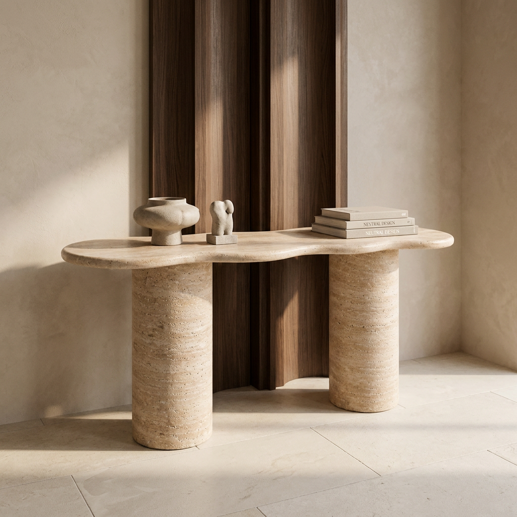 Ephesus travertine console table with decor in an entryway