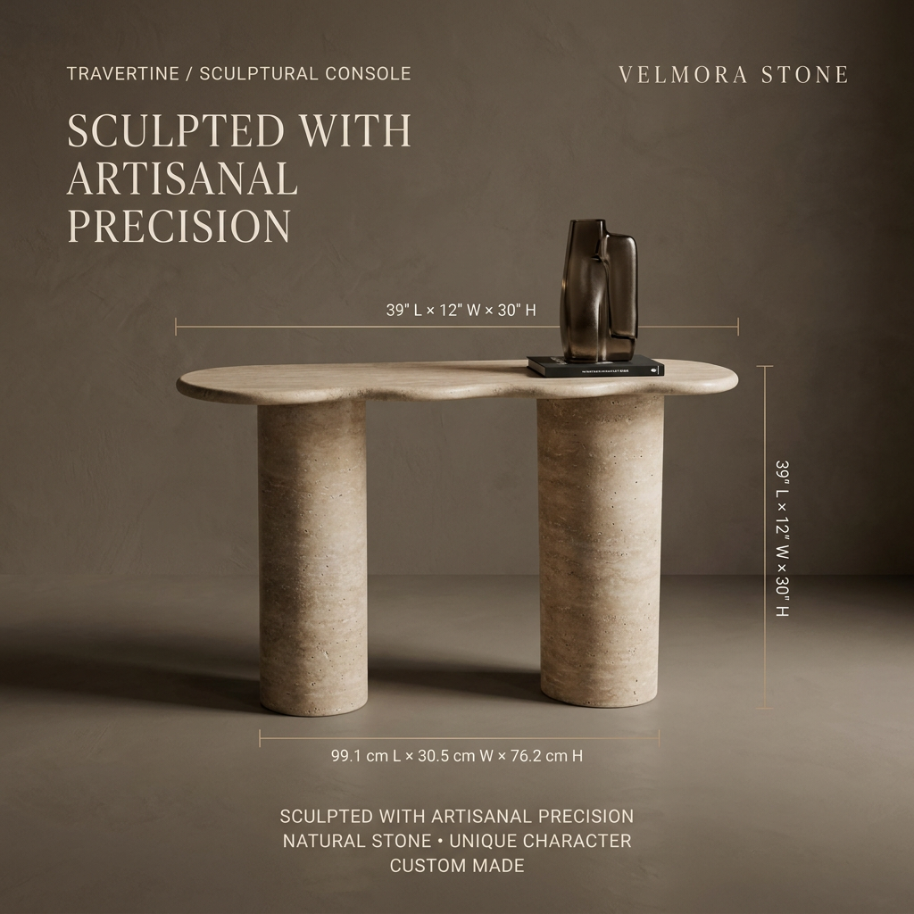 Ephesus travertine console table dimensions and details