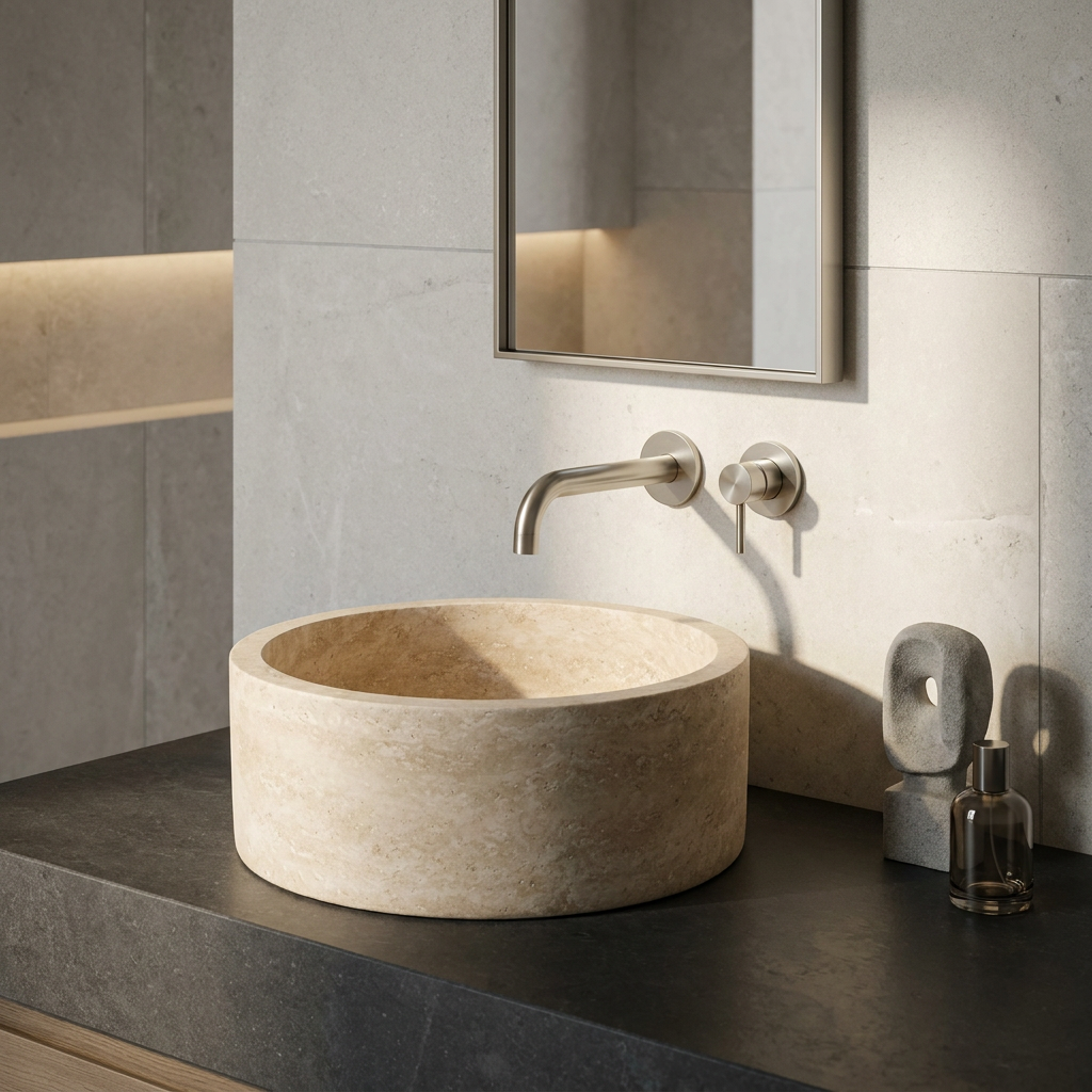 Priene travertine vessel sink with wall-mounted faucet