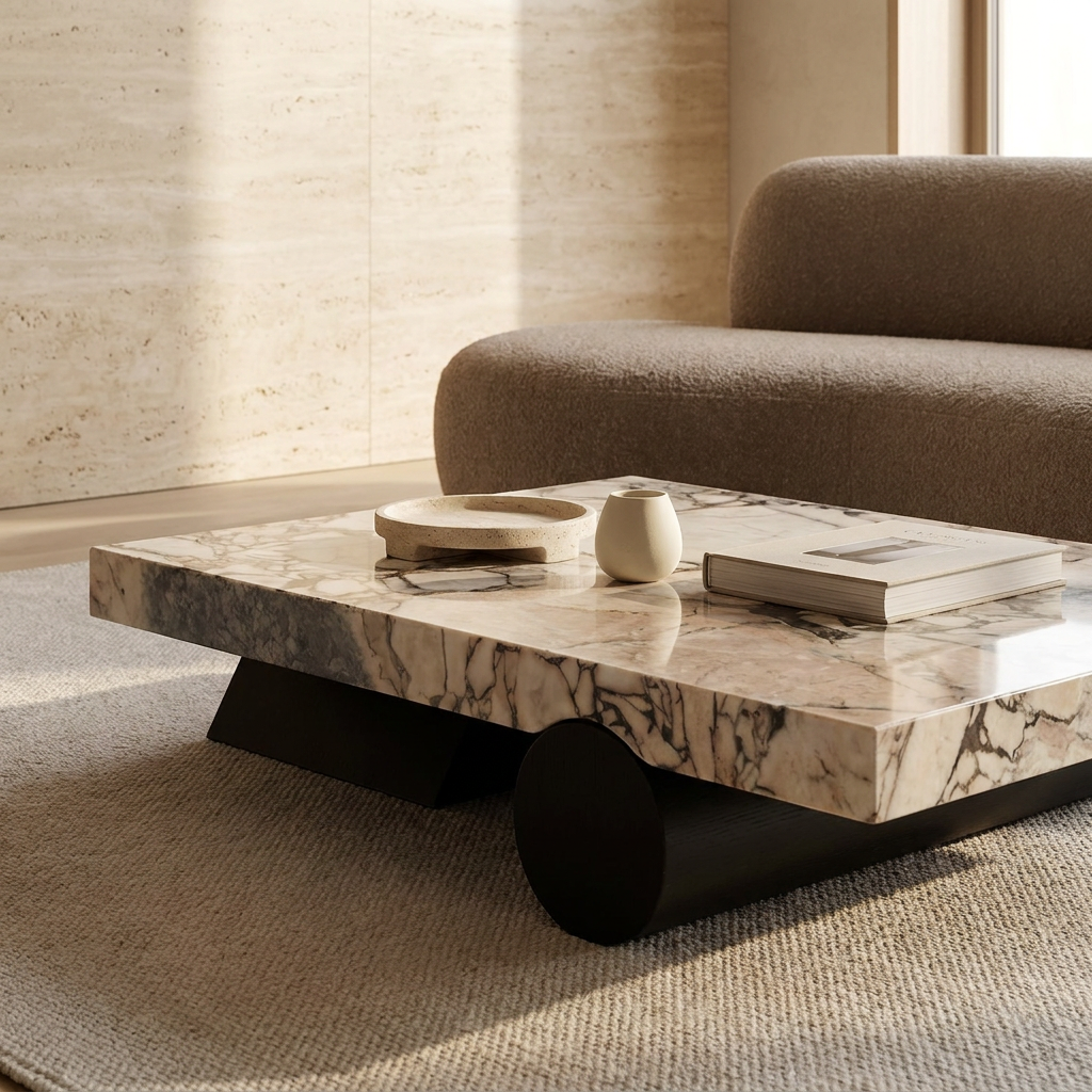 Pergamon marble coffee table with thick veined marble slab and black base