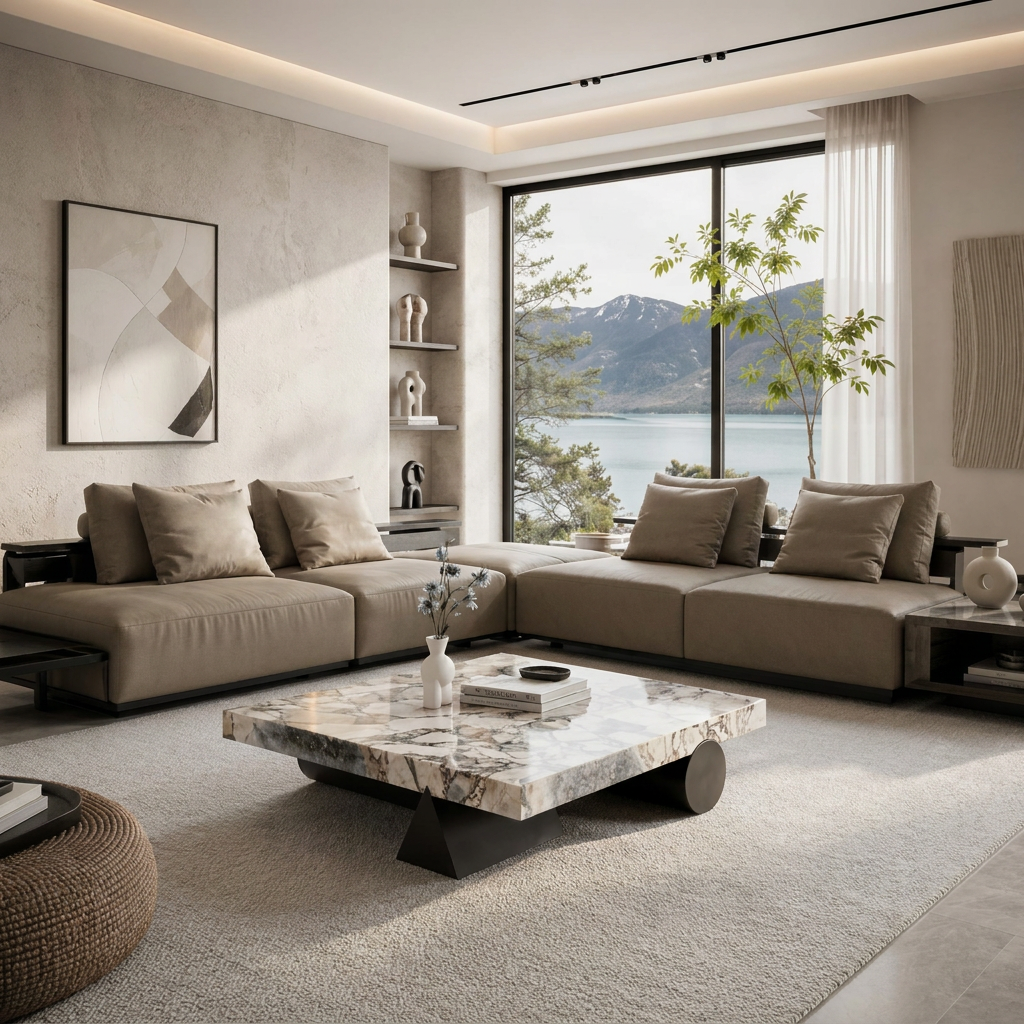 Pergamon marble coffee table with black sculptural base in a bright living room with lake view