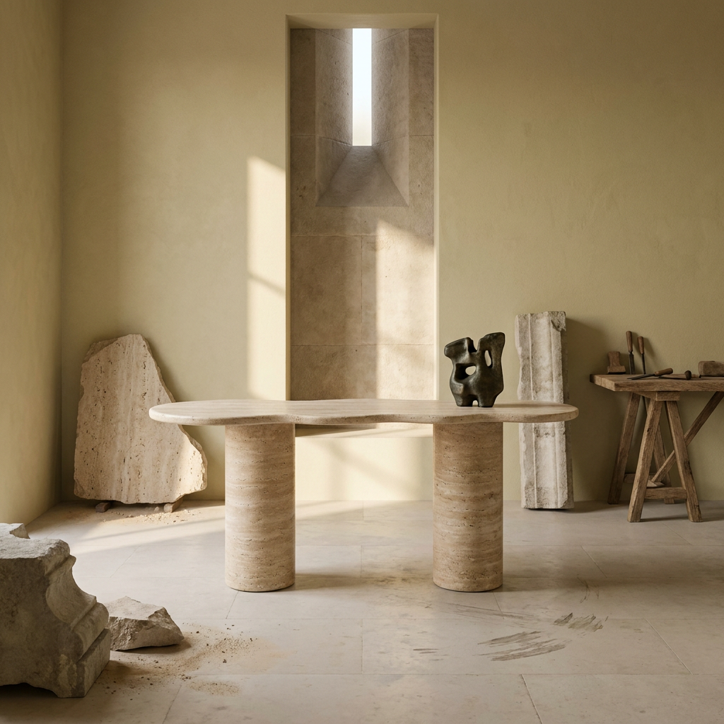 Ephesus travertine console table styled with books and vase