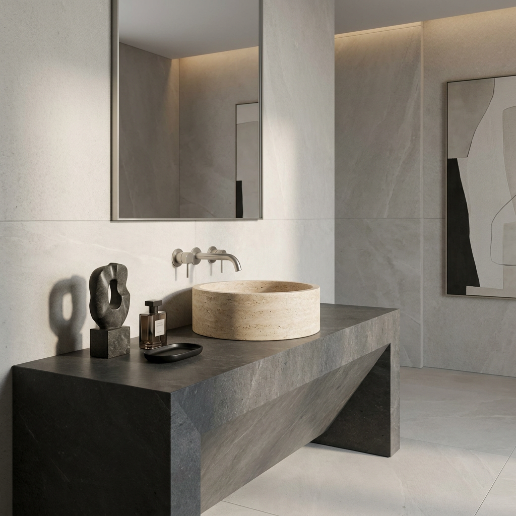 Priene round travertine sink on a dark stone vanity